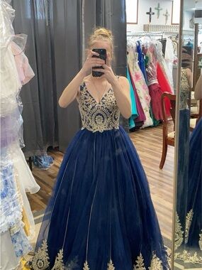 Blush Navy Blue Tulle Ball Gown with Gold Embroidery
